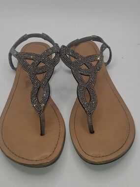 Material Girl Silver Rhinestone T-Strap Sandals